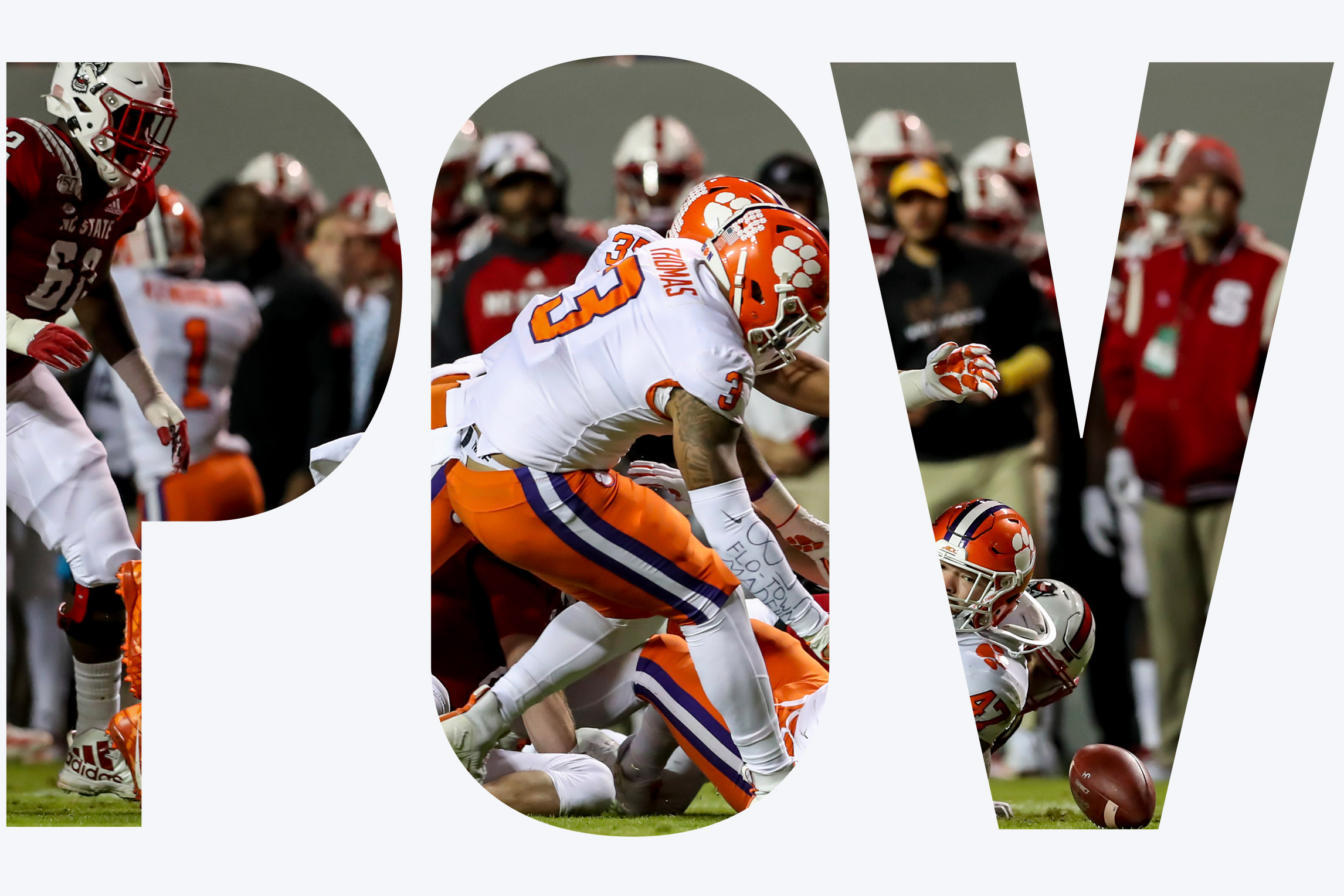 Clemson Tigers players watch as a fumbled ball touches the turf during an NCAA Football Game between the North Carolina State Wolfpack and the Clemson Tigers. There is an overlay over the image spelling "POV"