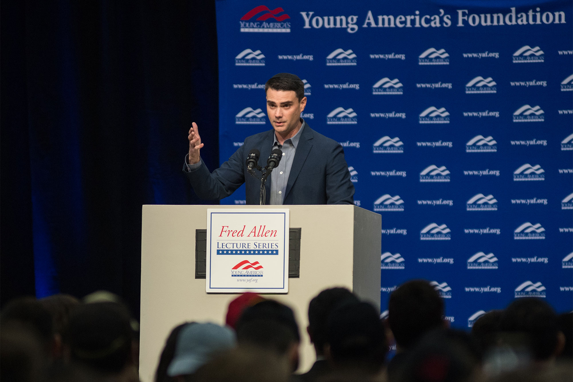 Conservative commentator Ben Shapiro speaks at the Boston University Track and Tennis Center, November 13, 2019.