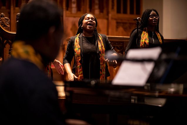 Maia Archer (CAS’23) and Afua Sarpong (CAS’23), members of the Inner Strength Gospel Choir, perform at their annual Fall Concert Friday at Marsh Chapel