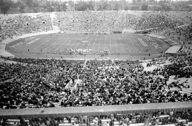 Aerial view of Rose Bowl Stadium during the 1969 Pasadena Bowl game.