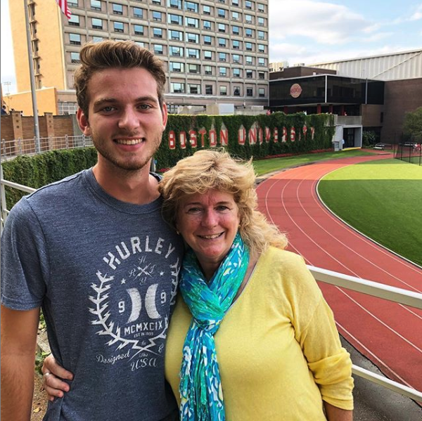 Tim North with his mother in front of Nickerson Field.