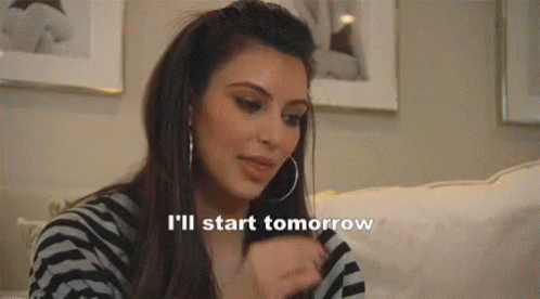 Animated GIF of woman eating snacks with embedded text that reads "I'll start tomorrow." 