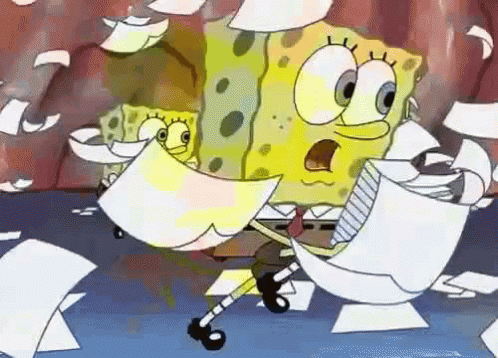 Animated GIF of cartoon character Spongebob Squarepants running around in a panic as sheets of paper float and fall all around him.