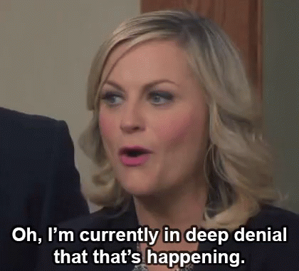 Animated GIF of Amy Poehler with embedded text that says "Oh, I'm currently in deep denial that that's happening."