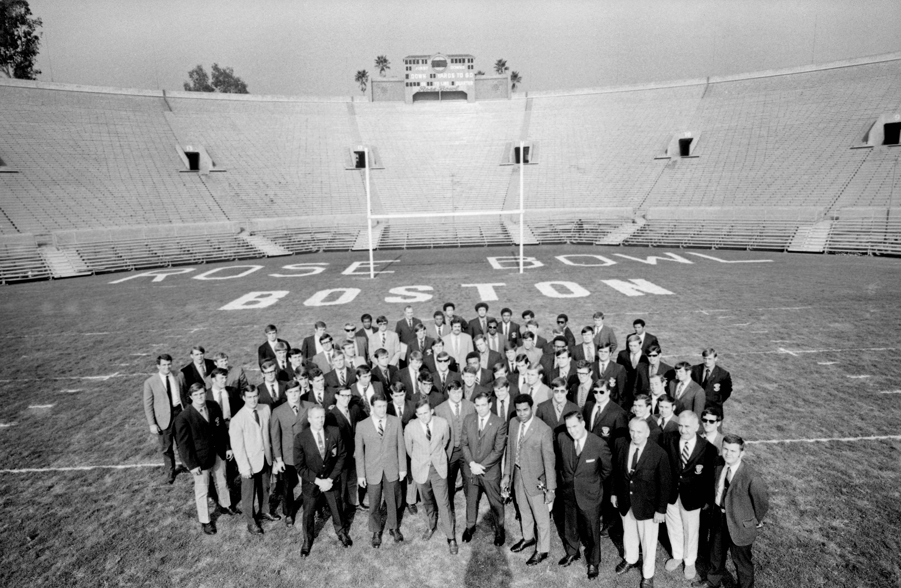 The 1969 Boston University football team poses for a portrait in Rose Bowl stadium before playing in the Pasadena Bowl game.