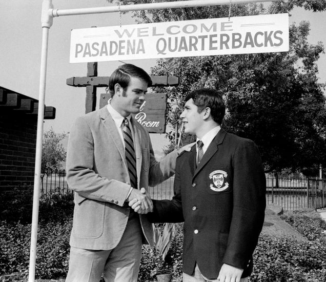 The quarterbacks of the 1969 Pasadena Bowl game meet before the game.