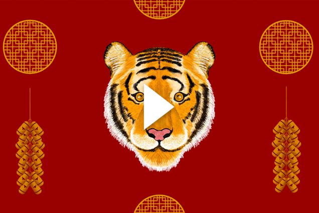 Illustration of a tiger on a red background with a pattern with gold bells and circles with intricate designs. White video play button is overlaid.