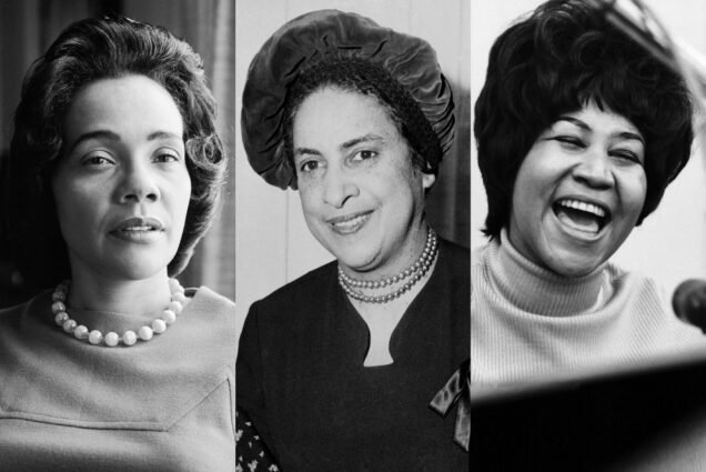 (left to right) Black and white photos of Coretta Scott King, Sue Bailey Thurman, and Aretha Franklin