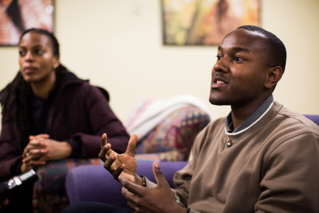 Bradley Noble (CAS'20) and Nneka Oyigbo (CAS'20) talk about their experiences with the Howard Thurman during the grand closing of The Howard Thurman Center in the George Sherman Union building Wednesday, December 11, 2019.