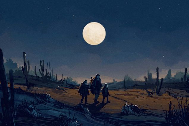 Illustration of immigrant woman seeking asylum walking through the desert with her children.