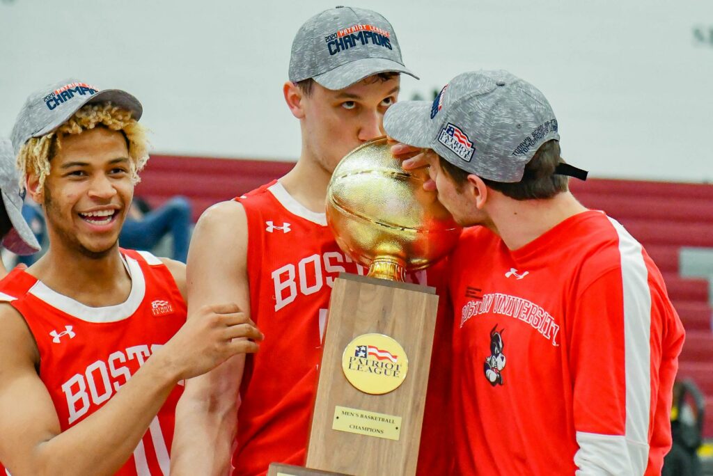 The BU men's basketball team celebrates their Patriot League championship