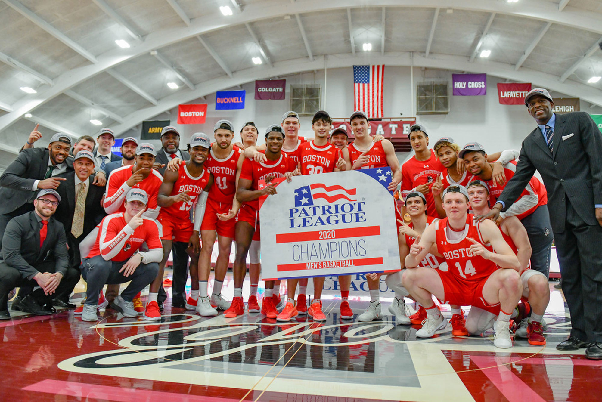 The BU men's basketball team celebrates their Patriot League championship