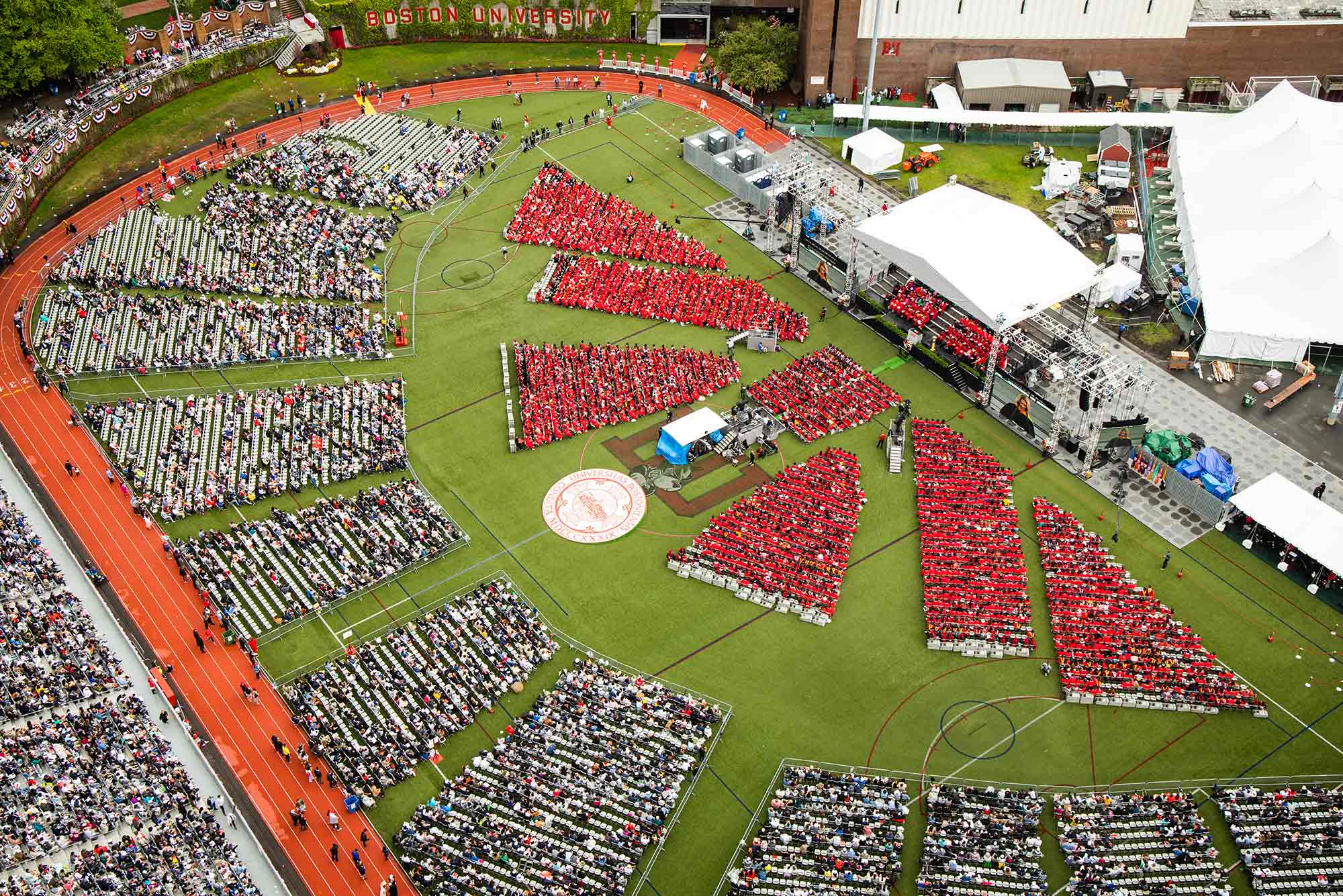 Aerial view of the 2019 Boston University Commencement on Nickerson Field on May 19, 2019.