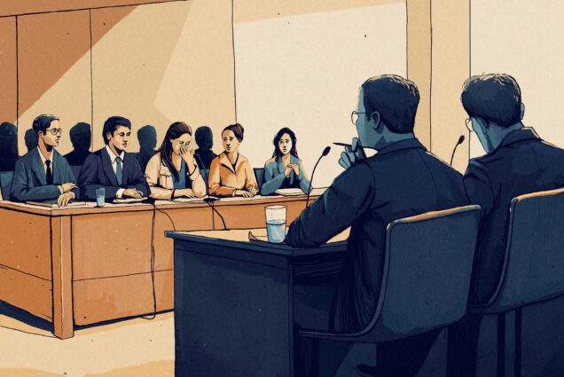 Courtroom illustration of United States asylum hearing.