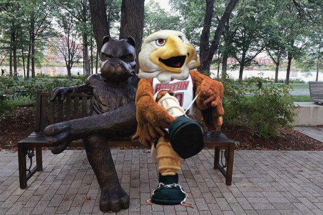 Rhett’s new friend, Baldwin the eagle, has taken a seat on Rhett's bench.