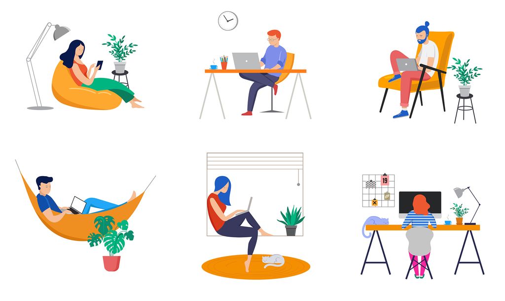 Six vector illustrations of young people working at home on laptops and computers.