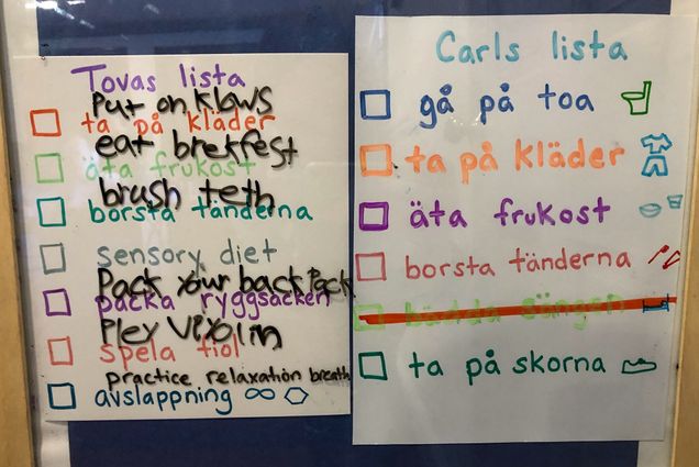 List in Swedish and English made by Megina Baker and her children, who speak English and Swedish.