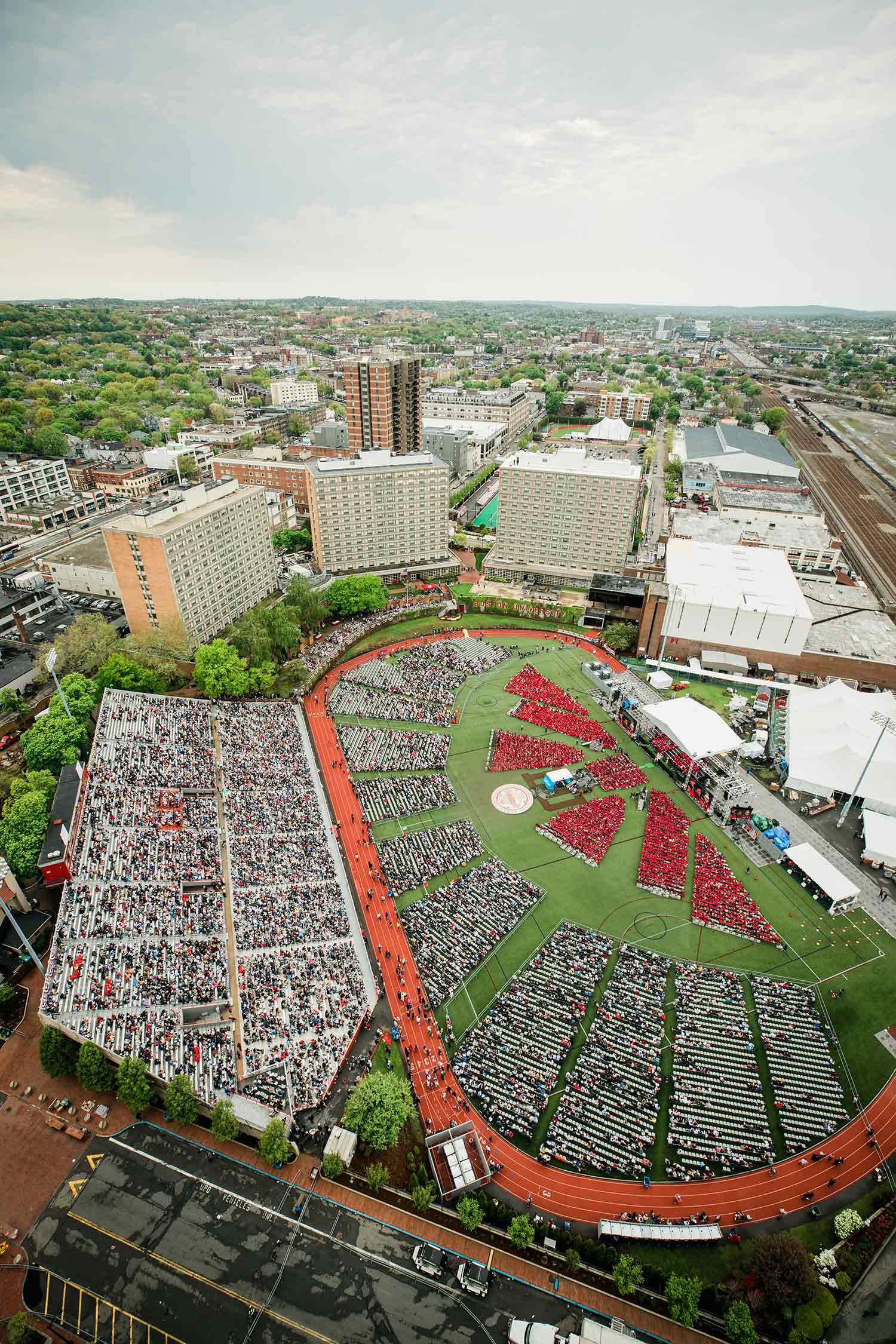 Aerial view of the 2019 Boston University Commencement on Nickerson Field on May 19, 2019.