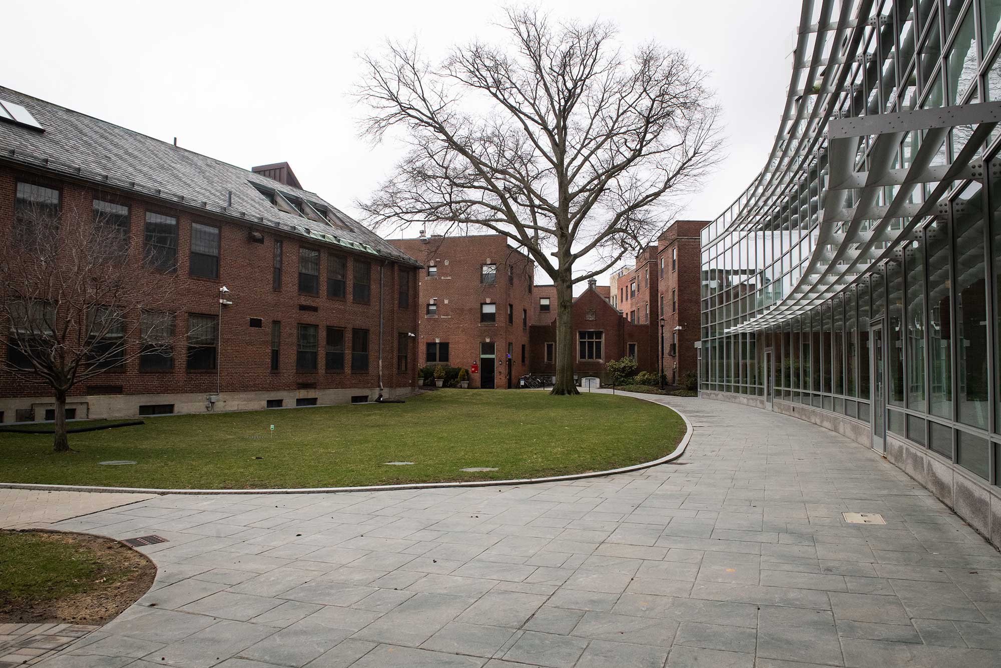 Photo of an empty Campus Center & Student Residence on BU’s Fenway campus on an overcast day. It will now house 75 employees of Boston’s Pine Street Inn, giving rest to the homeless shelter’s pandemic-exhausted staff.