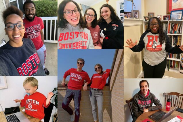 Composite image of terriers dressed in their best BU gear for #TerriersTogether, a daylong online pep rally celebrating all things Boston University.
