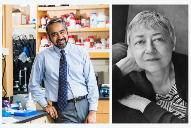 Composite image: on the right, Dr. Muhammad Zaman poses for a photo in his lab on Thursday, April 27, 2017, photo by Jackie Ricciardi; on the right, a black and white portrait of Sigrid Nunez, a College of Arts & Sciences lecturer in creative writing, photo by Marrion Ettlinger.