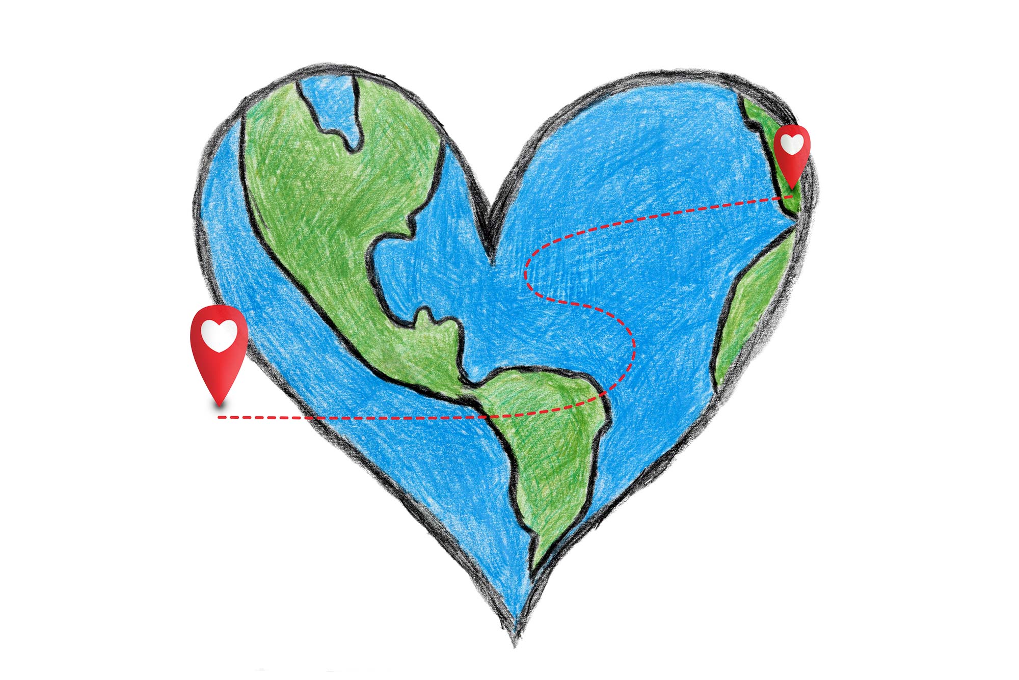 Image of two heart geo-pins on an image of heart with the earth inside of it.