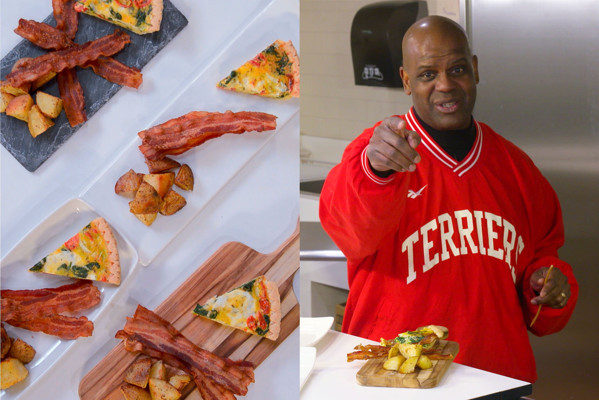 Composite image: on the left, an aerial view of plates of roasted tomato and leek tart, salt and pepper Yukon Gold potatoes, and applewood smoked bacon, made by BU chef and campus culinary director Christopher Bee; on the right, Kenneth Elmore, Associate provost & dean of students is seen in a red jacket with "Terriers" in white, pointing towards the camera with a smile on his face. A plate of food is set before him.