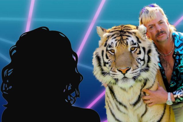 female silhouette in front of a Tiger King Zoom virtual background