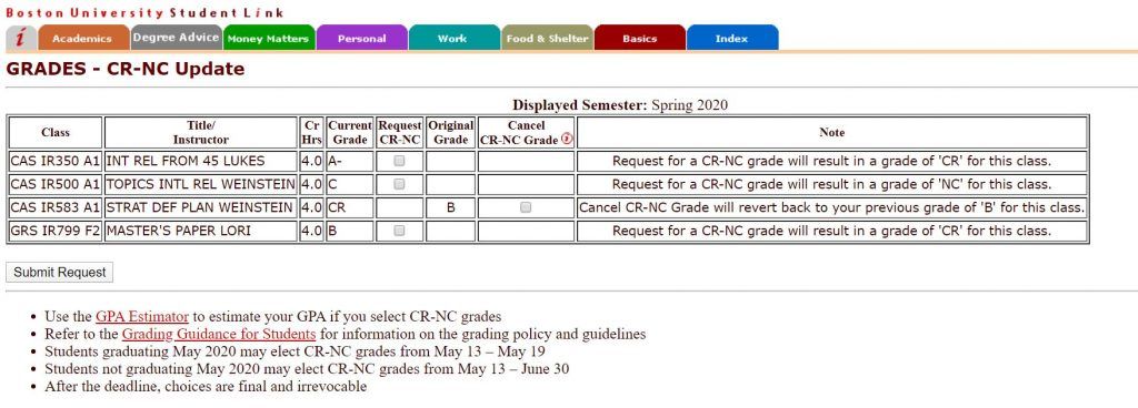 Screenshot from Boston University Student Link. A table shows four courses, and how you can request credit or no credit for certain classes. The example shows an original B grade that someone then switched to the “Credit” opt.