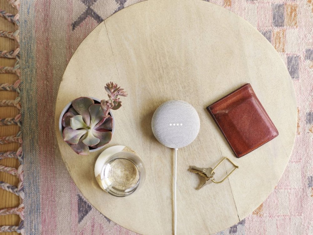 Image with a Nest Mini with Google Assistant on table next to a wallet, plant, and keys.
