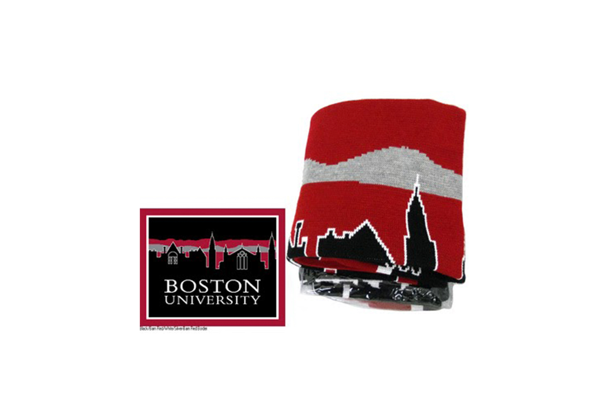 Photo of Uscape Knit BU Blanket. Folded blanket is seen right, on left is image of full blanket which reads "Boston University" and shows BU's Marsh Chapel in black, red and gray.