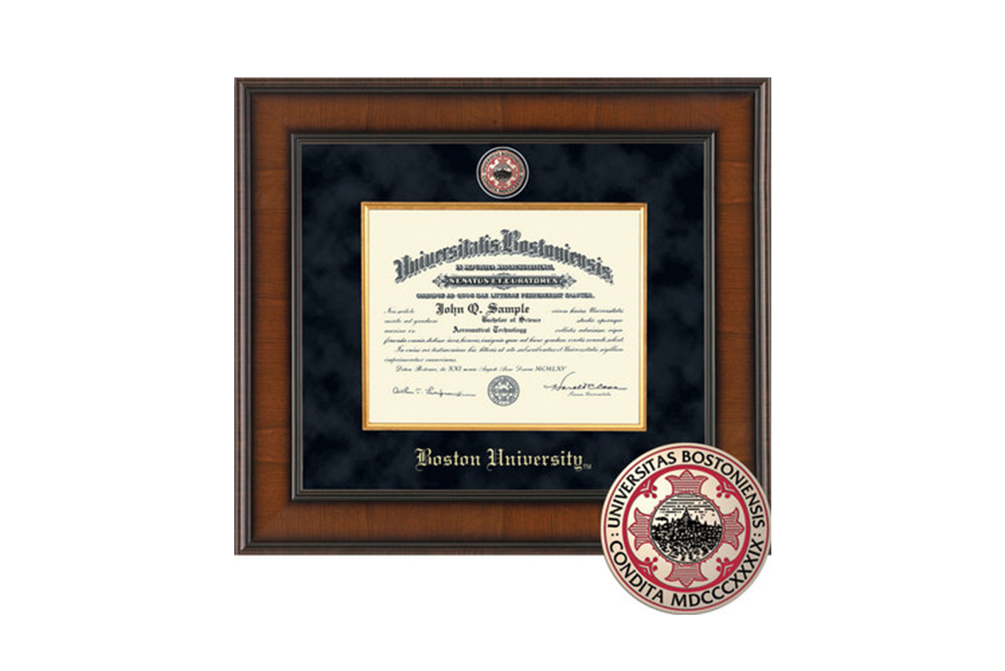 Image of a Church Hill Classics Presidential Diploma Frame with Boston University Insignia.