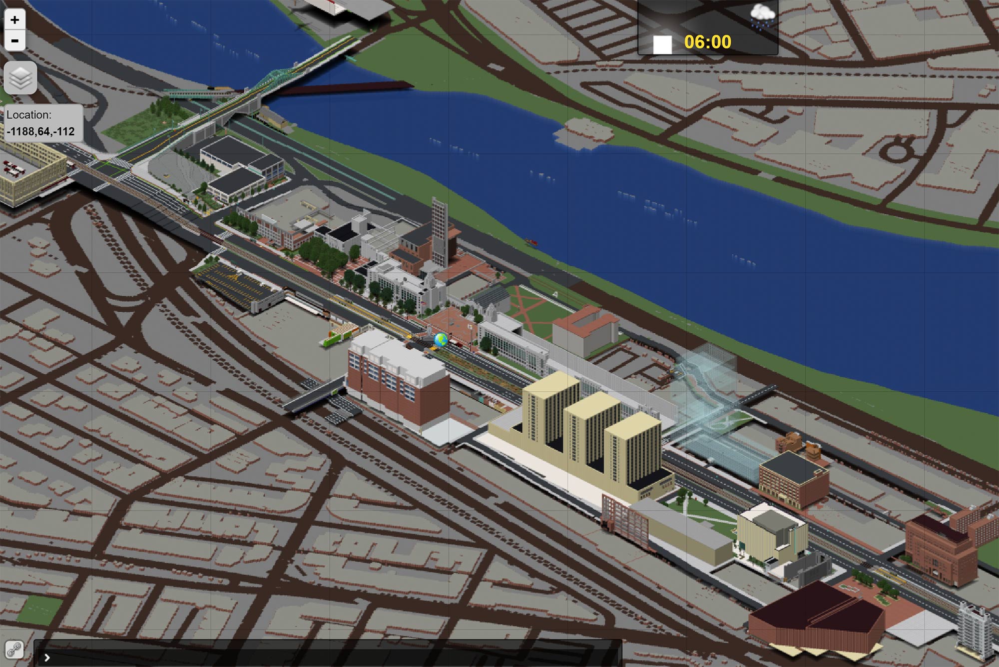 Screenshot of a recreation of Boston University’s campus in the popular video game Minecraft. Image shows BU's central campus. Terriers have used Minecraft to create a national, virtual college graduation.