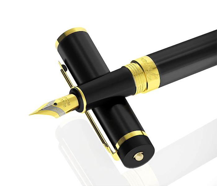 Image of a black and gold Dryden Luxury Fountain Pen on a white background.