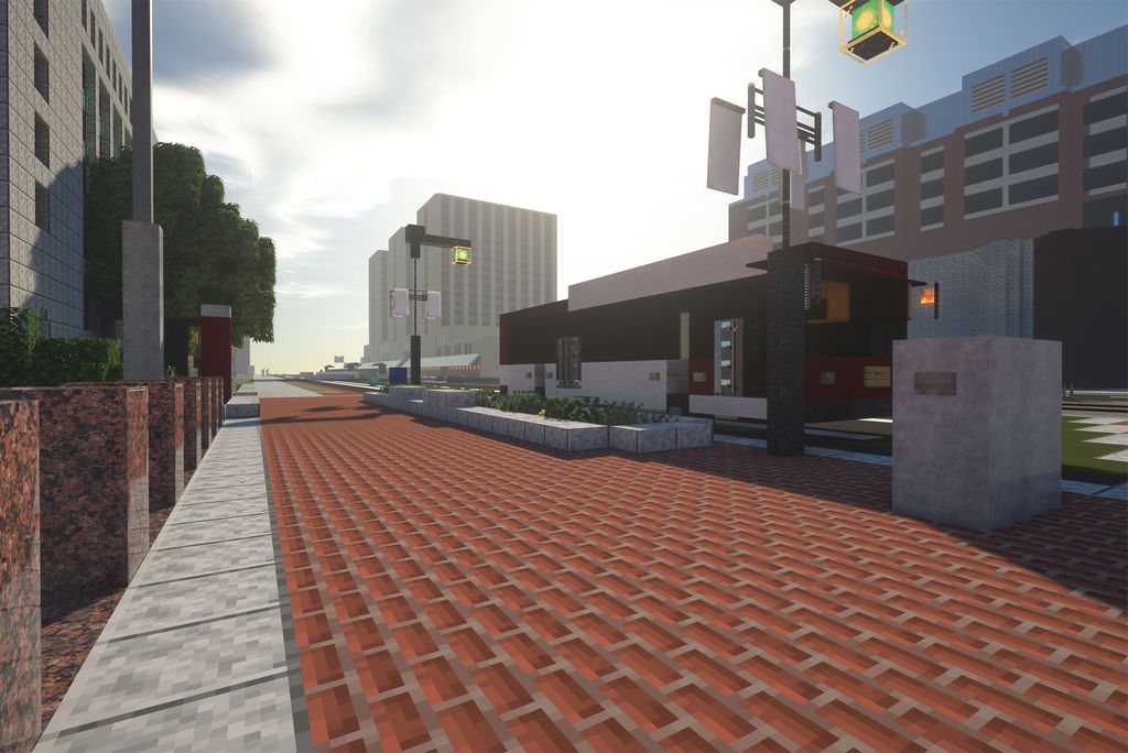 Screenshot of BU's campus recreated in Minecraft, the popular video game. The image is a street view along Mass Ave and a BU shuttle stops at the side of the road.