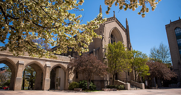 Spring view of Marsh Chapel and Marsh Plaza