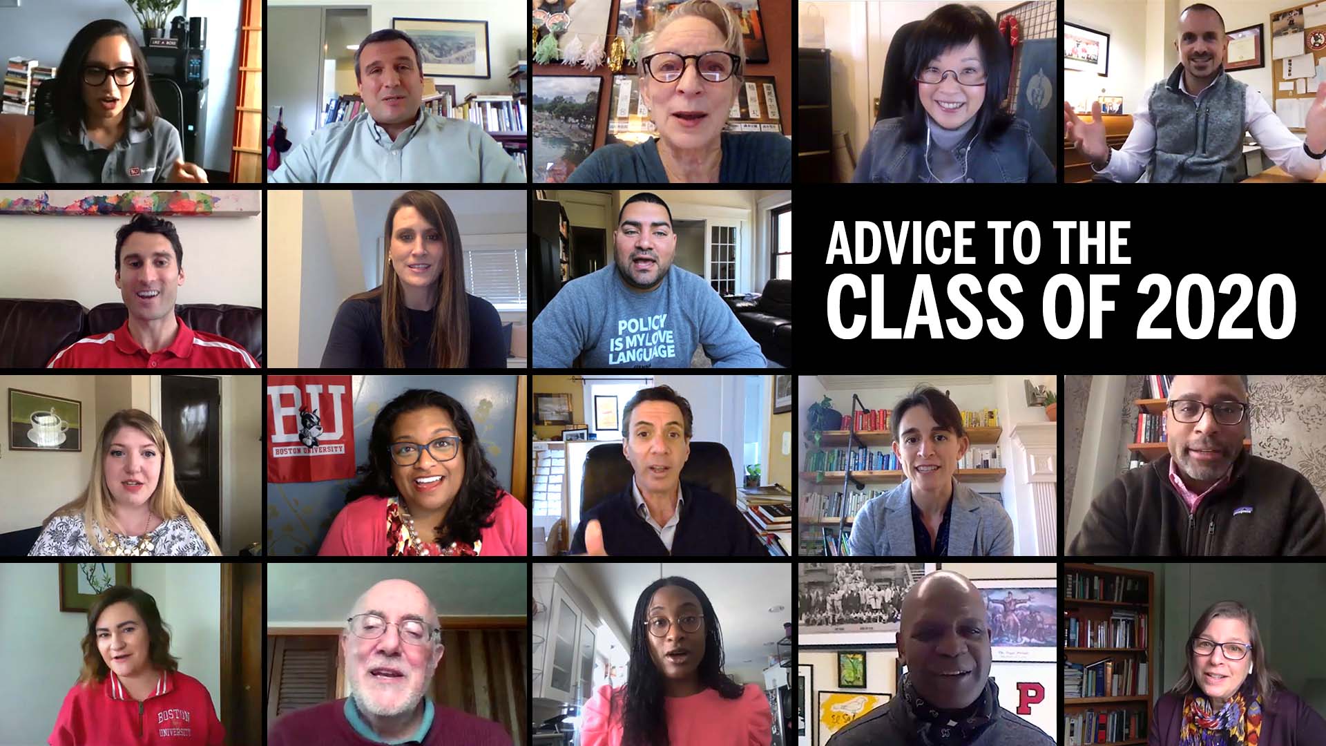 A composite image of BU faculty and staff with text that reads "Advice to the class of 2020"