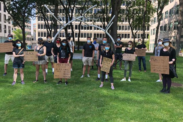 Biomedical engineers in BU professor Allyson Sgro’s lab participated in a workshop to develop individualized action plans and then joined up in person with other members of the community. Together, they met up with a #ShutDownSTEM/Black Lives Matter march walking from Roxbury’s Nubian Square to Boston City Hall.