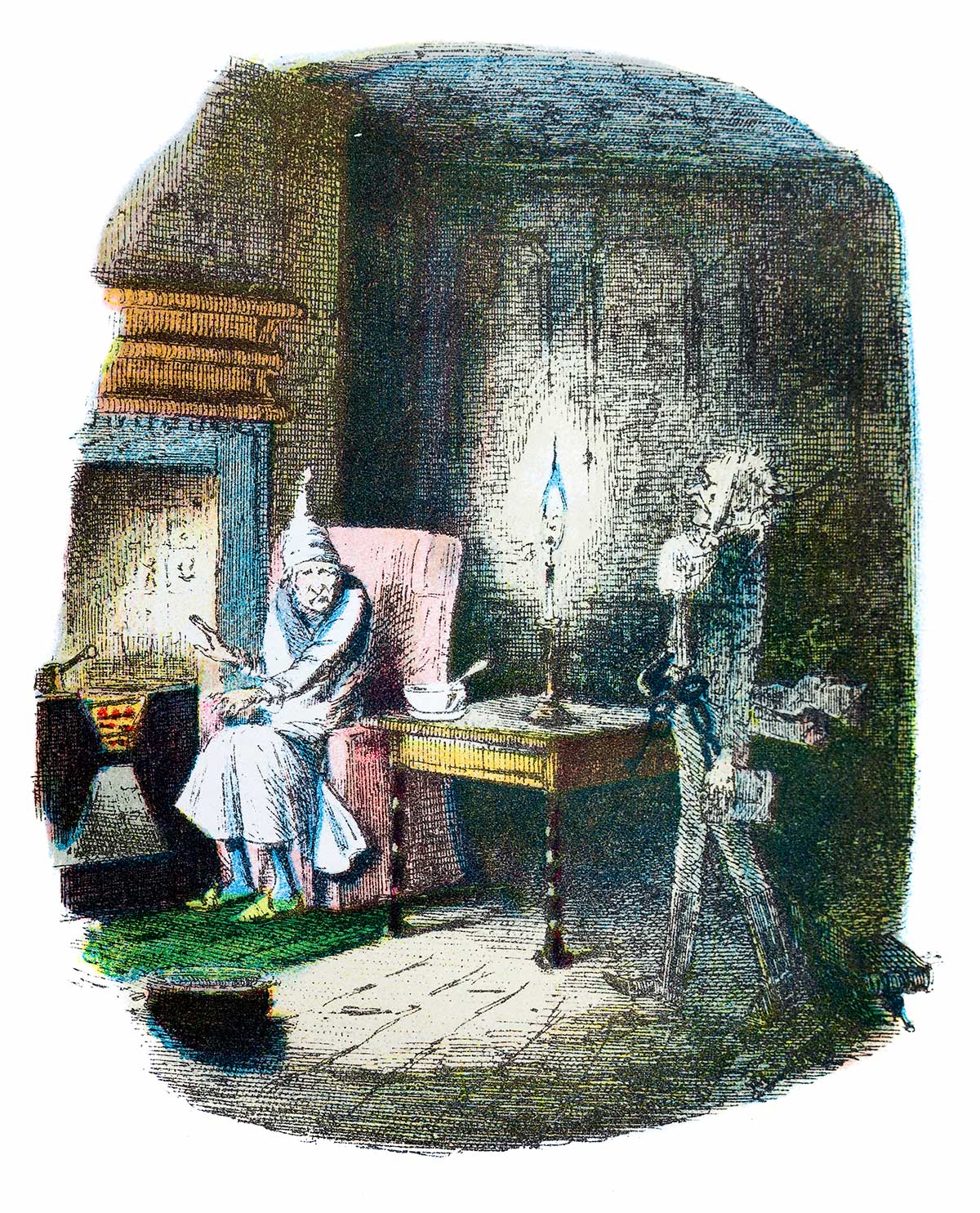 Illustration from A Christmas Carol by Charles Dickens showing Marley visiting Scrooge