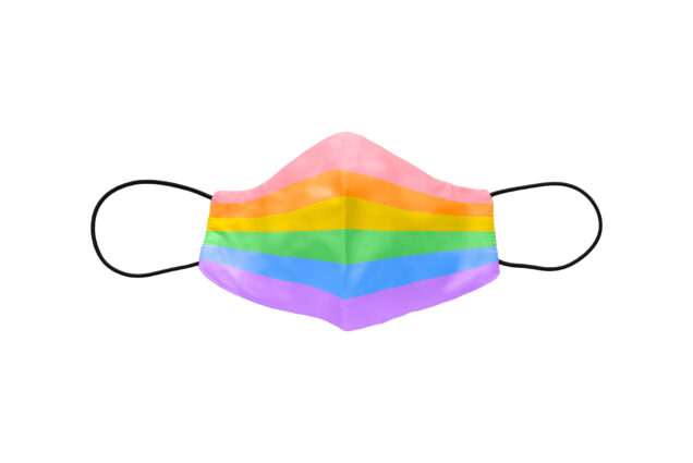 An illustration of a face mask with a rainbow pattern on it