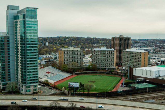 A photo of Nickerson Field, where BU Commencement is held, from above