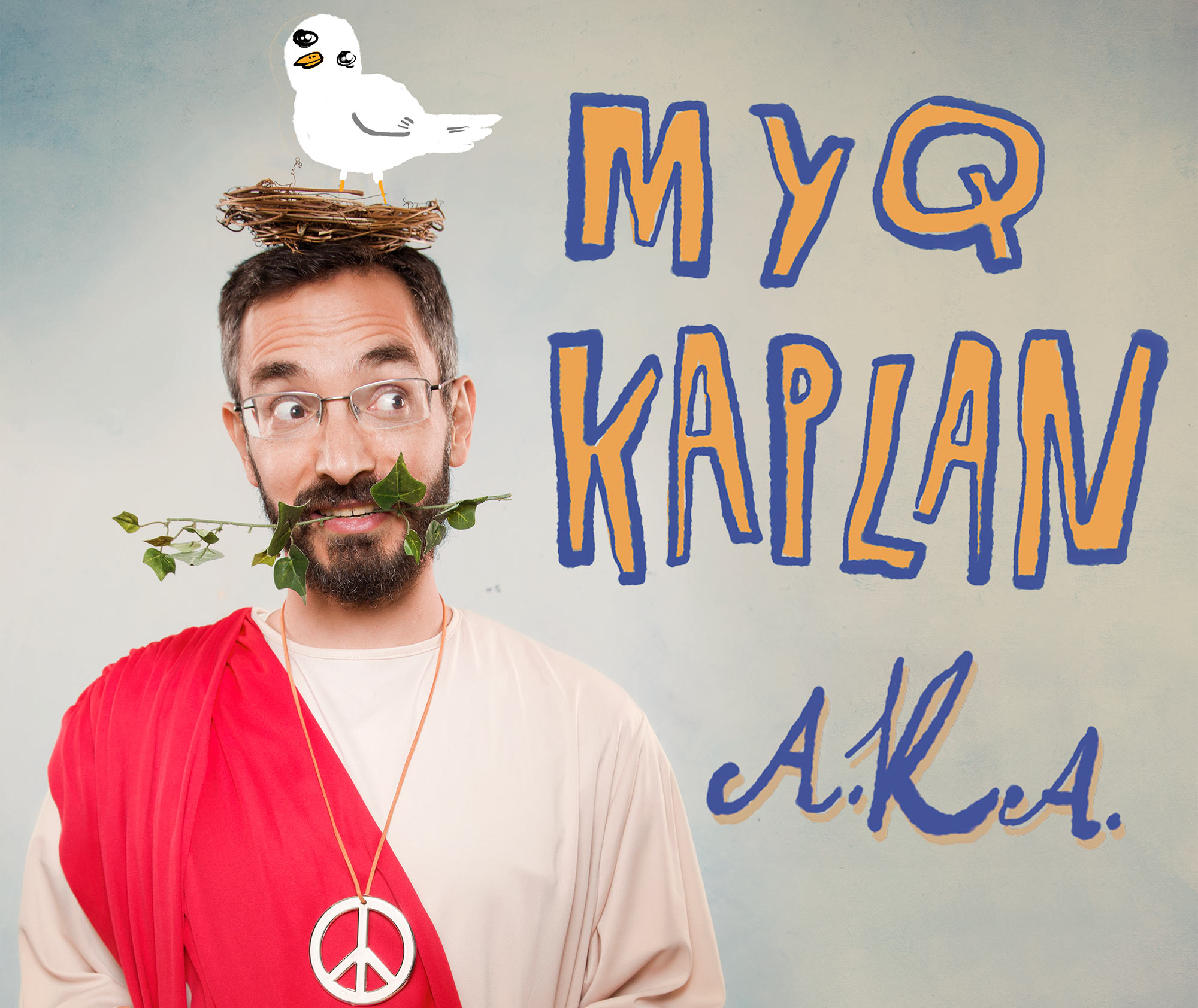 Album cover for stand-up comic's Myq Kaplan (GRS’09 album “A.K.A”. Kaplan wears a red sash, an illustrated bird sits on a nest on top of his head. The words "MYQ AKA" are seen drawn to the right. Illustration image courtesy of Shark Party Media