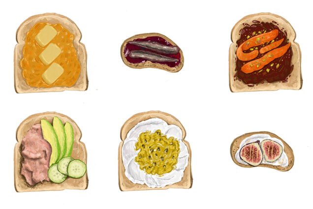 An illustrated series of six different toasts, some have butter and jam, others have cucumber and tuna, on a white background.