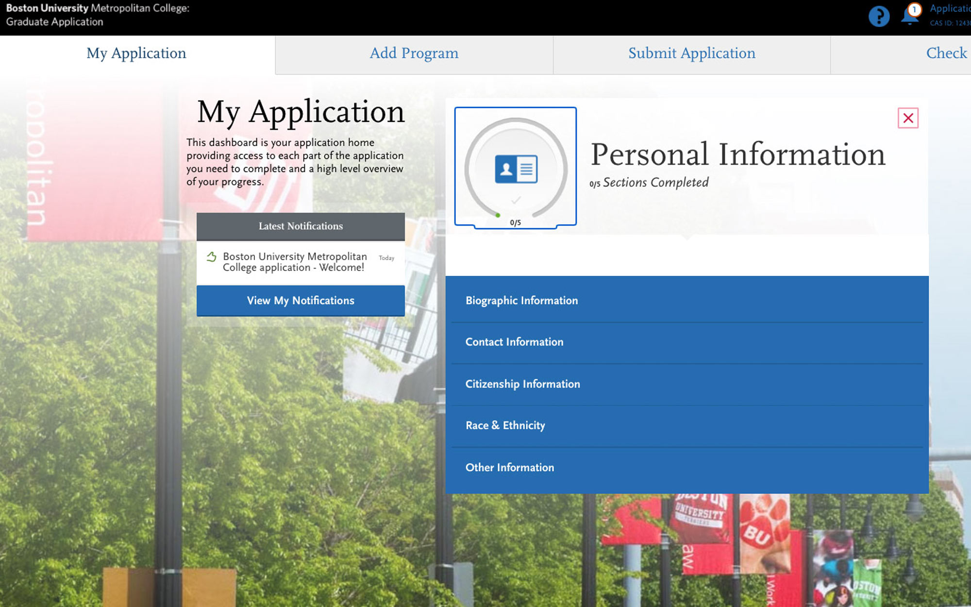 A screen of the application website for BU’s Metropolitan College