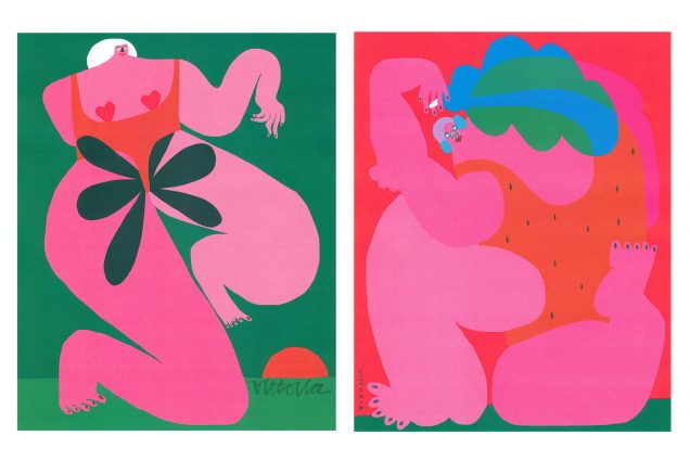 Two Amber Vittoria illustrations on a white background. In the images, women’s contorted limbs stretch the limits of the composition, like Nothing Is Private (left) and one she created for Dope Girls magazine (right). The women's bodies are in pink.
