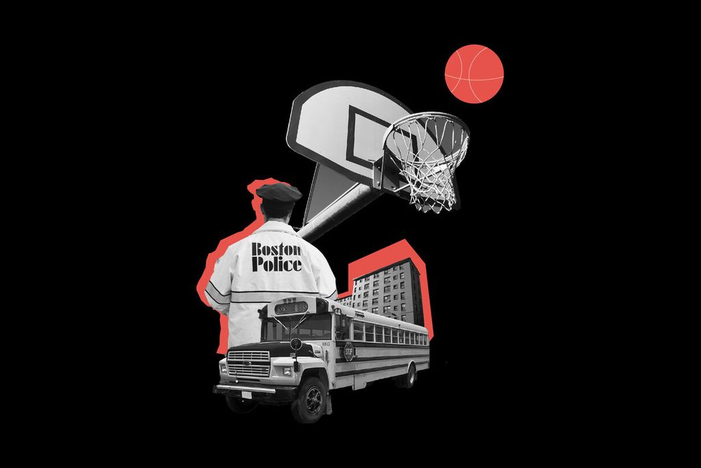 Image created with a series of overlayed photos with red accents on a black background, the cover of the Criminalized podcast. The images seen are a basketball hoop, a school bus, and someone in a Boston Police jacket.