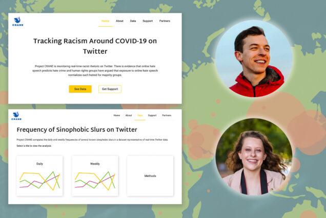 Graphic of Project Crane team members Ian Saucy (CAS’21) and Rachael Dier (COM’20), with a screen shot from their project. One screenshot reads "Tracking Racism around COVID-19 on Twitter," the other shows trends graphs and is titled "Frequency of Sinophobic Slurs on Twitter”