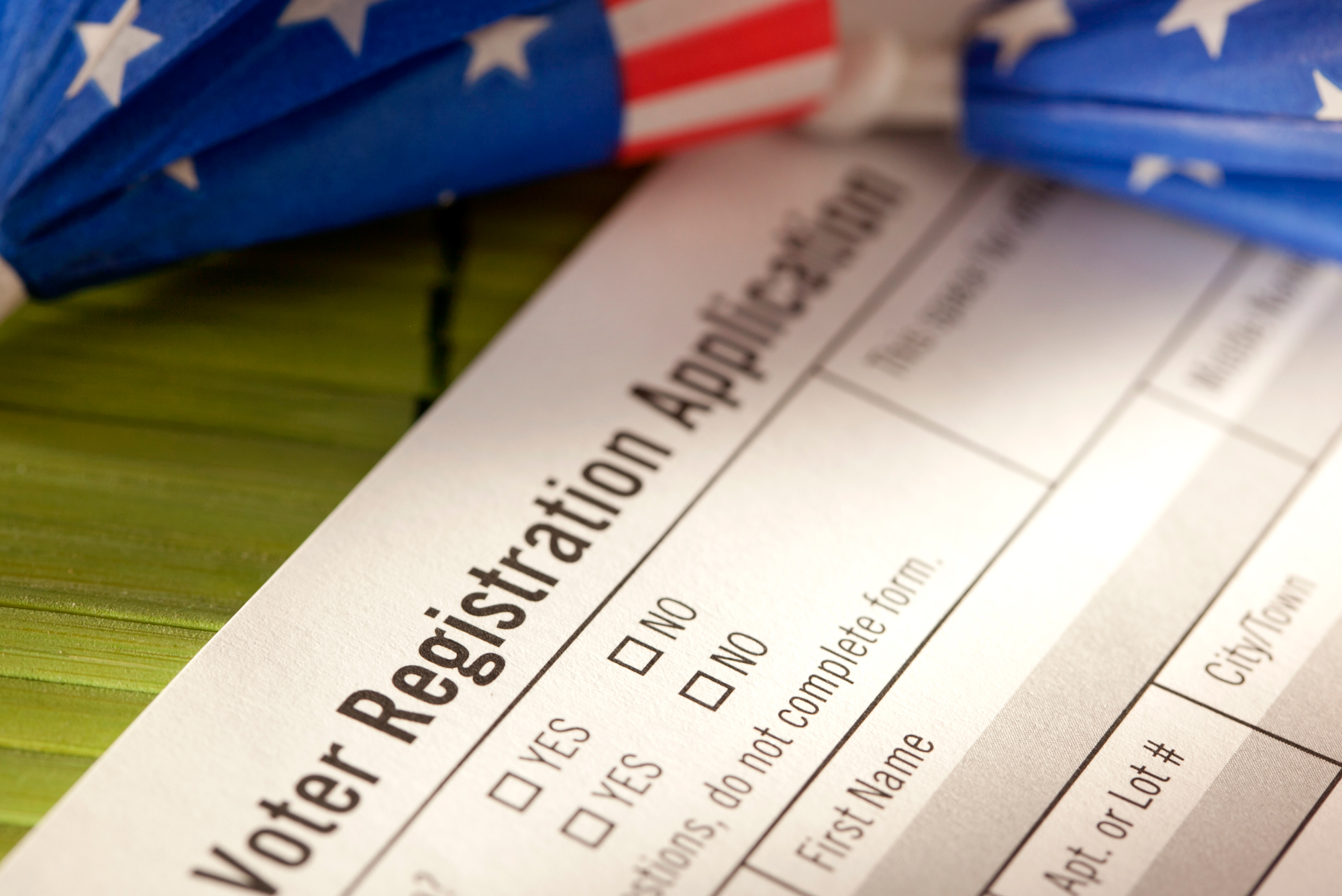 A photo of someone filling out a Voter Registration Application form