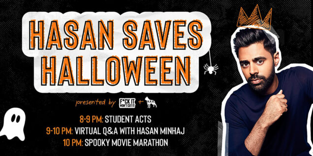 A poster for the BU event "Hasan Saves Halloween" featuring comedian Hasan Minaj