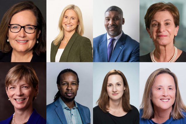 Headshots of Boston Business Journal 50 Leaders Making a Difference with ties to BU. Composite image shows formal headshots in the following order: Kate Walsh, Lori Cashman, Paul Francisco, Jeanette Ives Erickson, Marylou Sudders, Ibram Kendi, Catherine Klapperich, Kate Barrand.